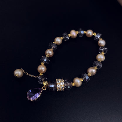 Pearl and Crystal Bracelet with Purple Teardrop Pendant