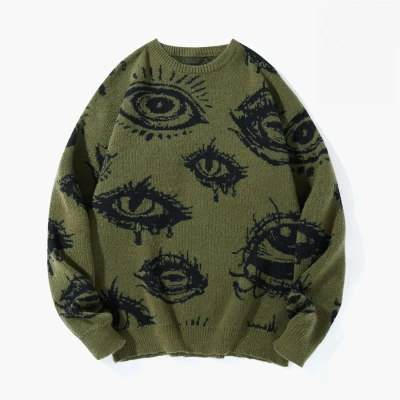 All-Over Eye Pattern Knit Sweater – Vintage Streetwear Crewneck Pullover