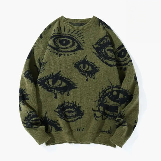 All-Over Eye Pattern Knit Sweater – Vintage Streetwear Crewneck Pullover