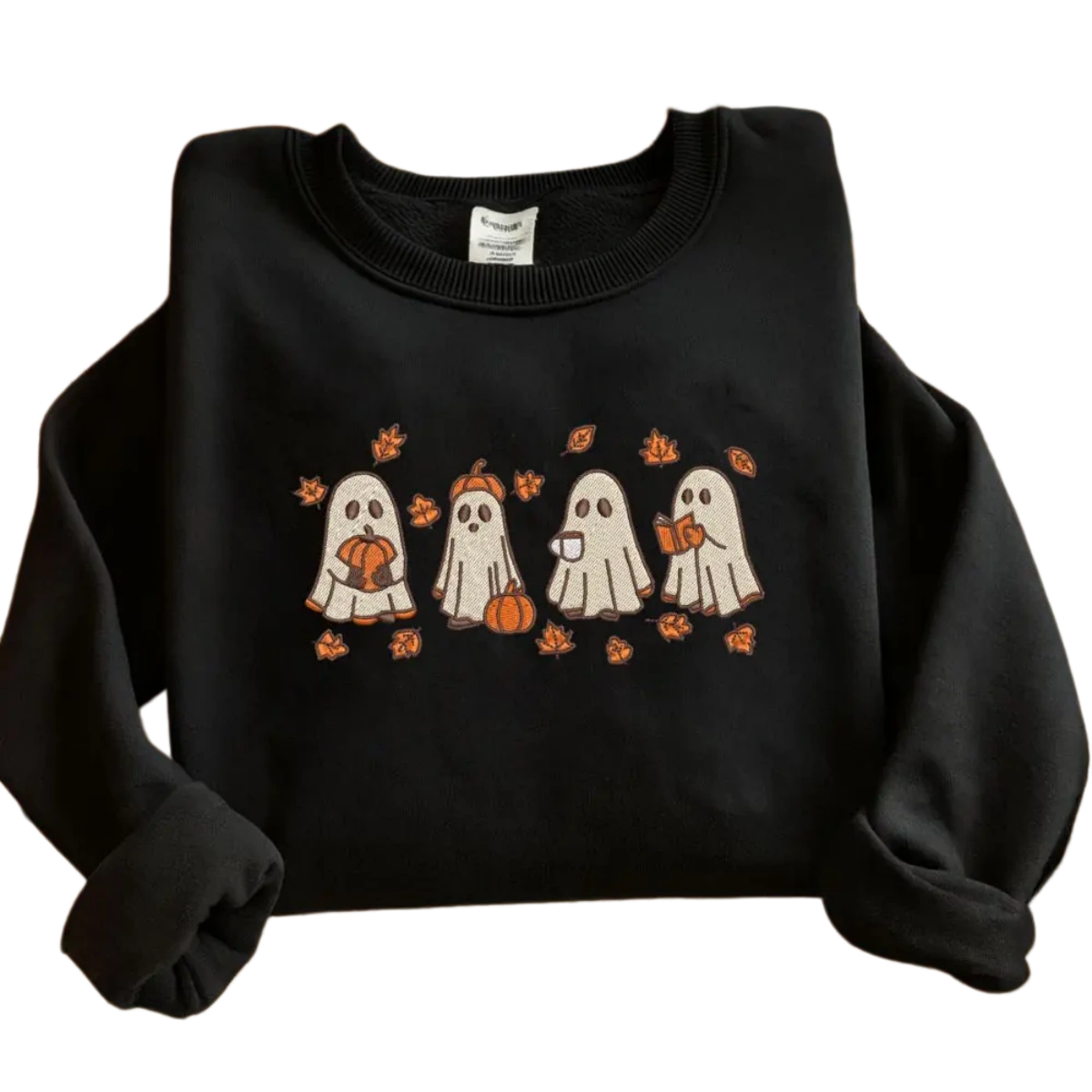 Vintage Ghost Embroidery Sweatshirt | Cozy Black Halloween Pullover