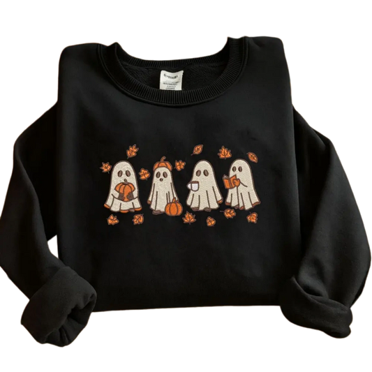 Vintage Ghost Embroidery Sweatshirt | Cozy Black Halloween Pullover
