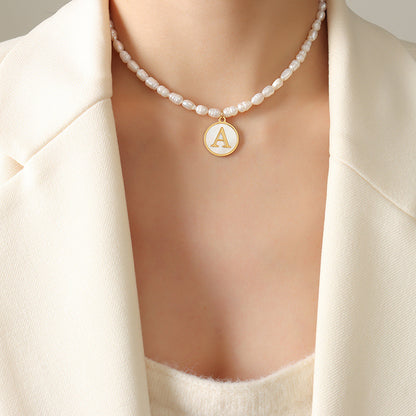 Initial A-Z Shell Letter Coin Pendant Dainty Chain Pearl Necklace
