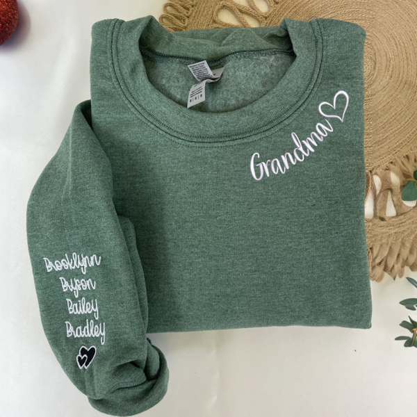 Custom Embroidered Grandma Sweatshirt with Grandkids Names on Sleeve