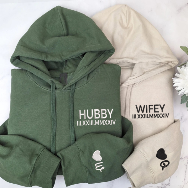 Hubby x Wifey Chest Custom Embroidered Matching Hoodies For Couples
