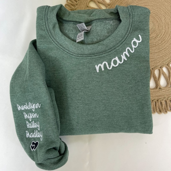 Custom Embroidered Mama Sweatshirt with Kids Name on Sleeve. Personalized Mom Sweatshirt