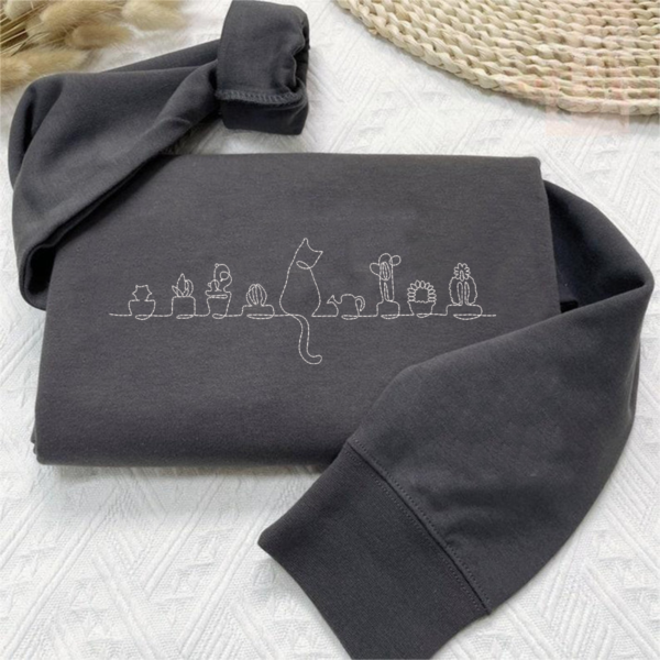Plants And Cat Sweatshirt. Embroidered Line Art Hoodie. Gardener Sweatshirt. Cat Lover Sweatshirt