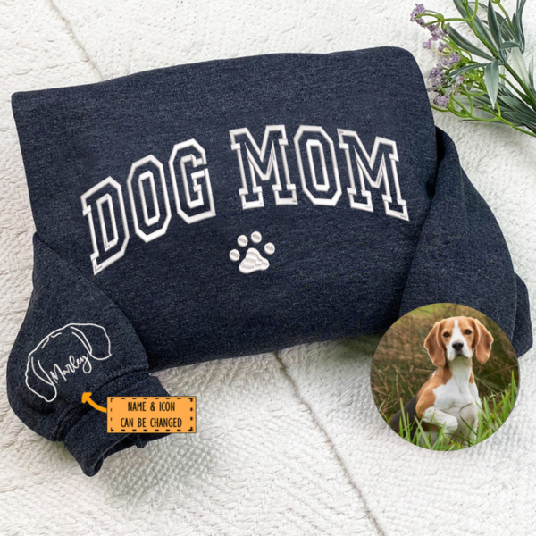 Custom Dog Mom Embroidered Sweatshirt With Dog Ears on Sleeve. Personalized Dog Ear Outline Sweater