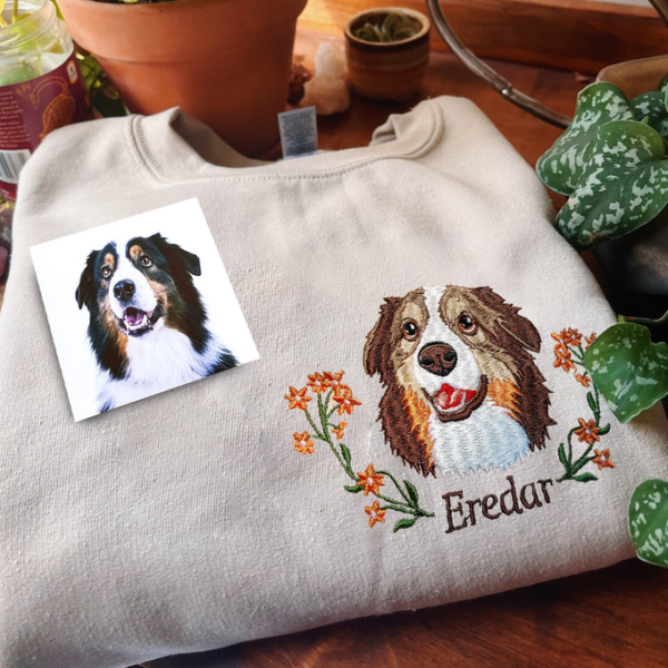 Custom Dog Portrait Embroidered Sweatshirt. Personalized Pet Face and Pet name Sweatshirt