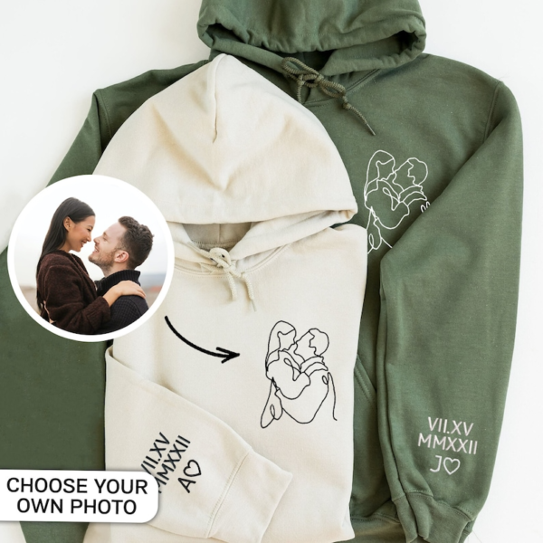 Custom Embroidered Portrait Hoodie. Personalized Couple Portrait Outline from Photo Hoodie