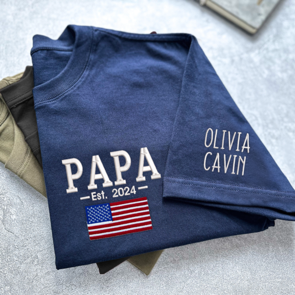 Custom Papa Est Flag Embroidered Father's Day 2024 T-Shirt