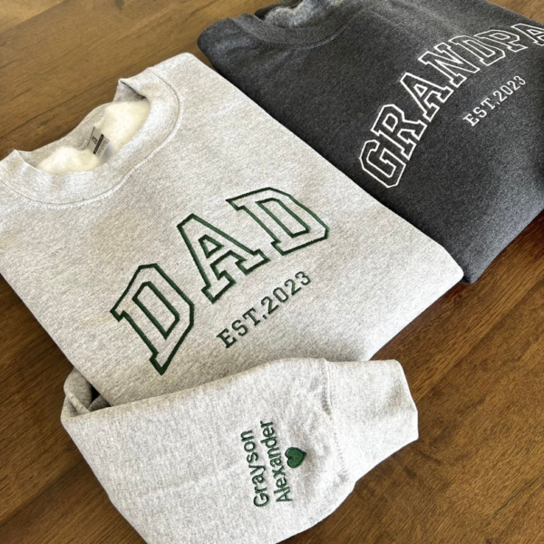 Custom Dad Est Embroidered Hoodie Name On Sleeve With Heart. Grandpa Sweatshirt With Date. Daddy Est Year