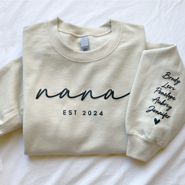 Custom Grandma Puff Design Sweatshirt Est Year with Grandkids Names on Sleeve