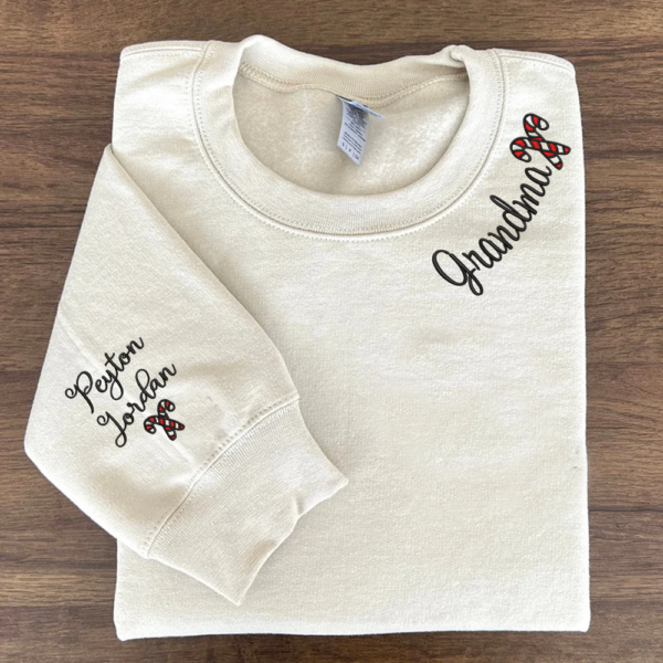 Embroidered Grandma Christmas 2024 Sweatshirt with Grandkids Names on Sleeve