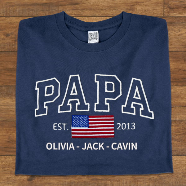 Embroidered Custom Papa Flag Est With Grandkids T-Shirt
