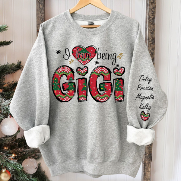 Custom I Love Being Gigi Christmas 2024 Sweatshirt. Personalized Grandma With Grandkids Sweatshirt