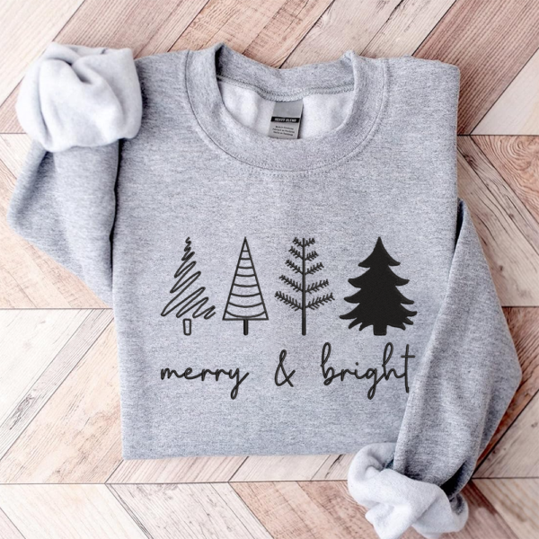 Merry & Bright Christmas Trees Sweatshirt. Christmas Sweatshirt. Holiday Sweater. Womens Holiday Sweatshirt
