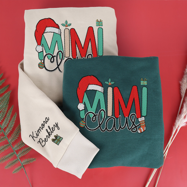 Custom Mimi Claus Christmas And Kids Embroidered Sweatshirt