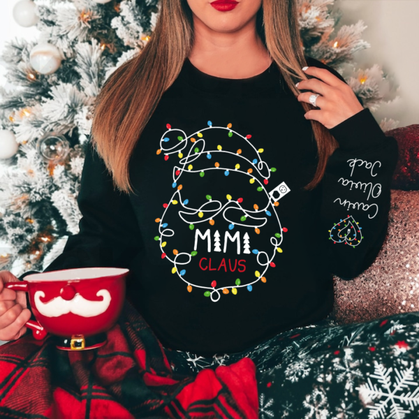 Custom Mimi Claus Christmas Lights Sweatshirt. Personalized Grandma Sweatshirt with Children Name on Sleeve