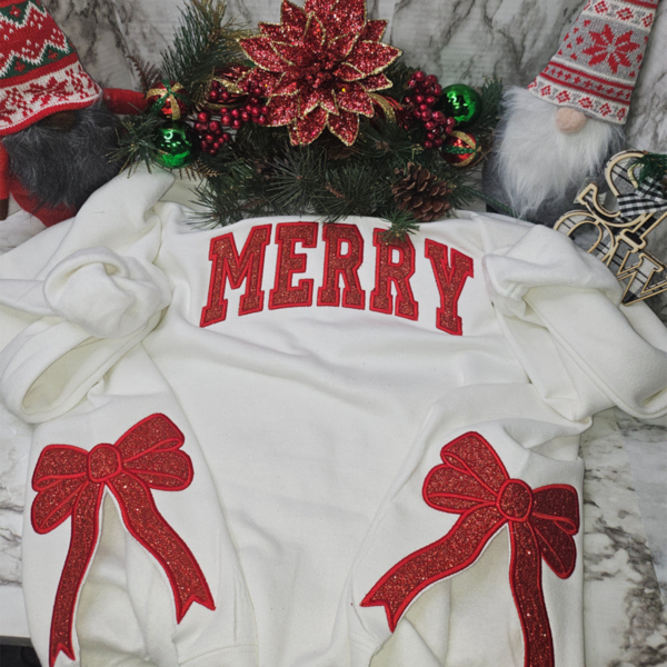 Embroidered Merry Glitter Christmas Bow Embellished Sweatshirt – Custom Side Bow Cut-Out Sweatshirt