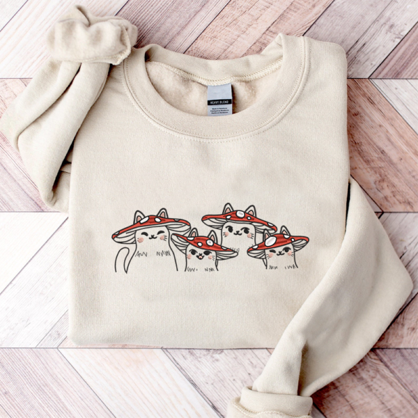 Little Cats With Mushroom Hats Super Soft Embroidered Pullover Sweatshirt
