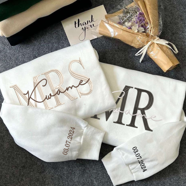 Custom Mrs. Embroidered Sweatshirt. Gift for future Mrs & Mr engagement gift. bride to be. date on sleeve
