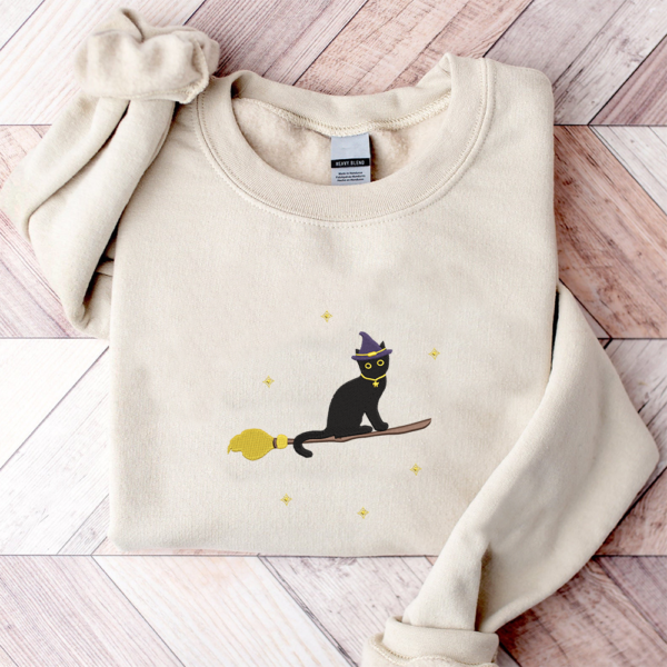 Embroidered Cat Witch Sweatshirt. Halloween Adult Crew Neck. Unisex Fleece