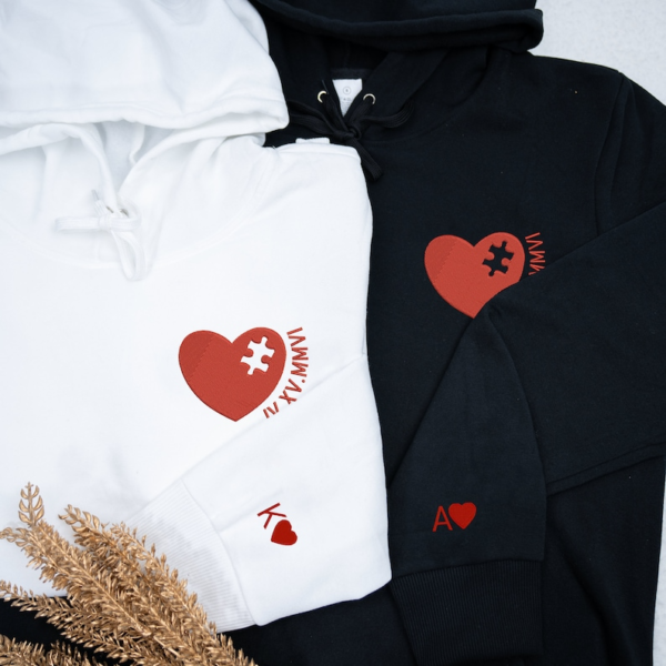 Custom Embroidered Couple Hoodie with Date and Initial. Personalized Couple Hoodie Missing Piece