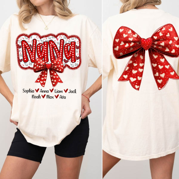 Personalized Valentine's Day Heart Bow T-Shirt. Gift For Nana And Kids