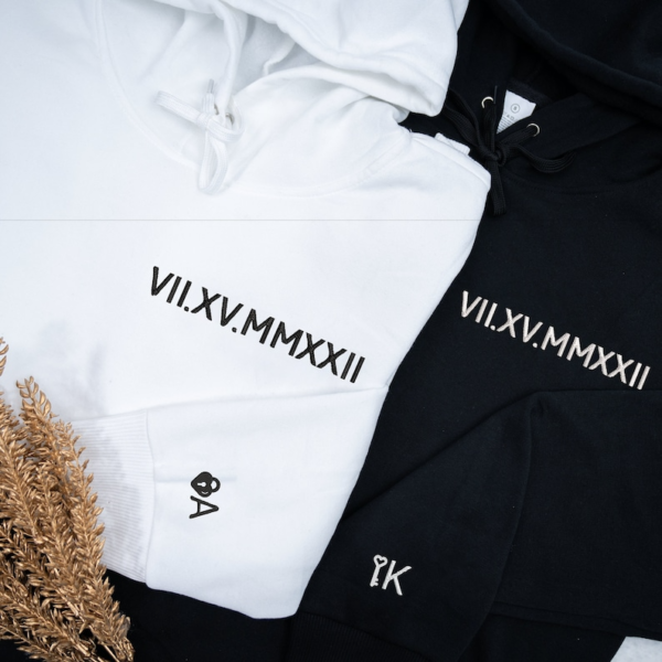 Custom Embroidered Couple Hoodie. Personalized Couple Hoodie Names on Sleeve