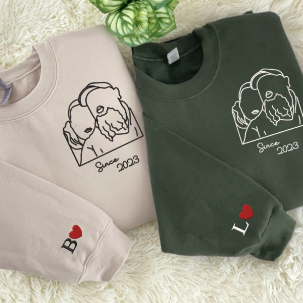 Custom hand embroidered portrait sweatshir. couple sweatshirt