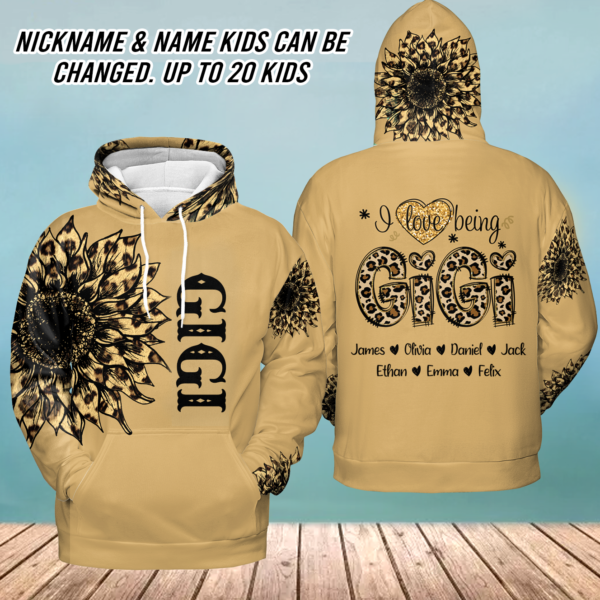 Custom Grandma 3D Hoodie. Personalized I love Being Gigi Leopard with Kid Name 3D Hoodie. Sweatshirt