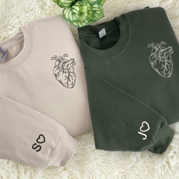Embroidered Anatomical Heart Hoodie. Custom Initial Heart On Sleeve Hooded Sweatshirts