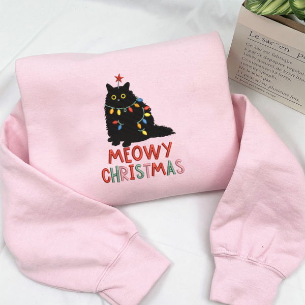 Embroidered Meowy Christmas Sweatshirt. Cat Christmas Sweatshirt. Cat Lover Xmas Sweatshirt