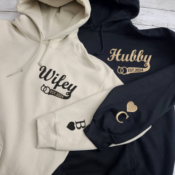 Custom Couple Matching Hubby and Wifey Embroidered Hoodie