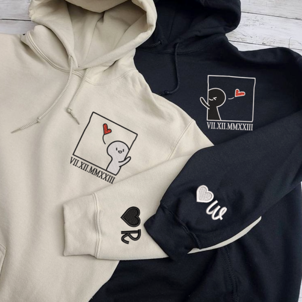 Cute Cartoon Couple Custom Roman Numeral Matching Embroidered Hoodies For Couples