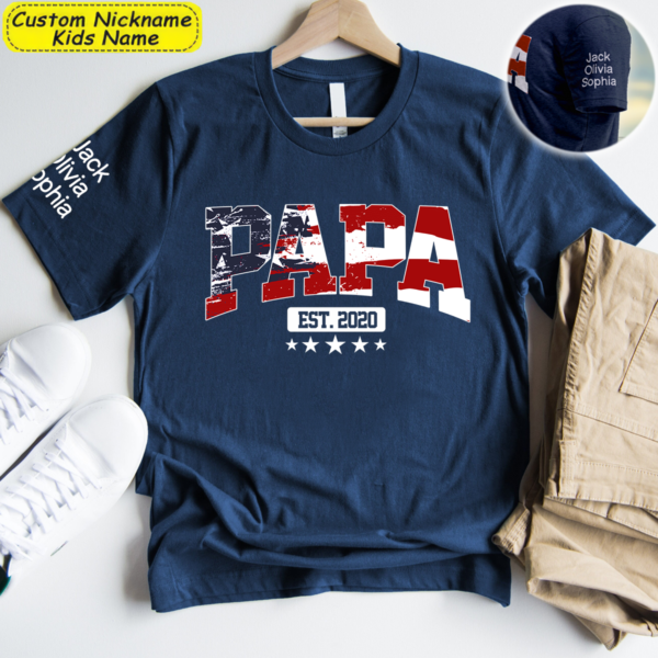 Personalized Papa Flag Est With Grandkids T-Shirt