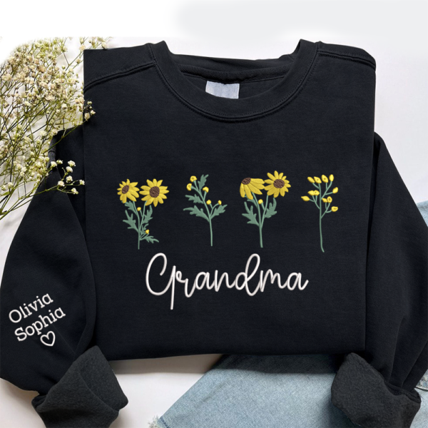 Custom Grandma Sunflower With Kids Embroidered Sweatshirt