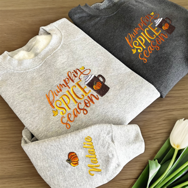 Personalized Pumpkin Spice Season Embroidered Sweatshirt. Fall Sweatshirt. Halloween Sweatshirt