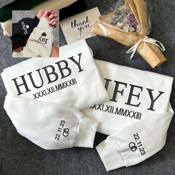 Personalised Embroidered Tracksuit Set of 2 Custom Wifey Hubby Couples Matching Sweatshirt