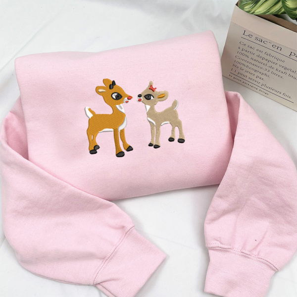 Rudolph and Clarice Embroidered Christmas Crewneck Hoodie