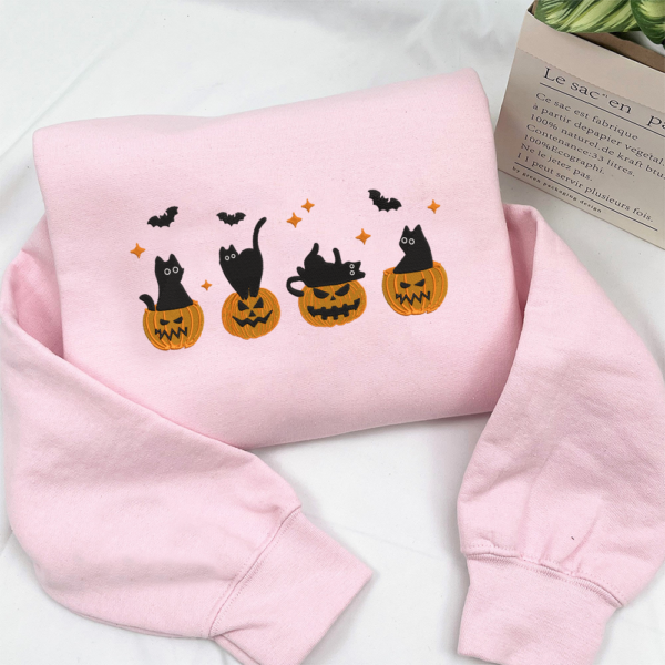 Embroidered Halloween Black Cat Sweatshirt. Pumpkin Fall Sweater for Women. Halloween Crewneck