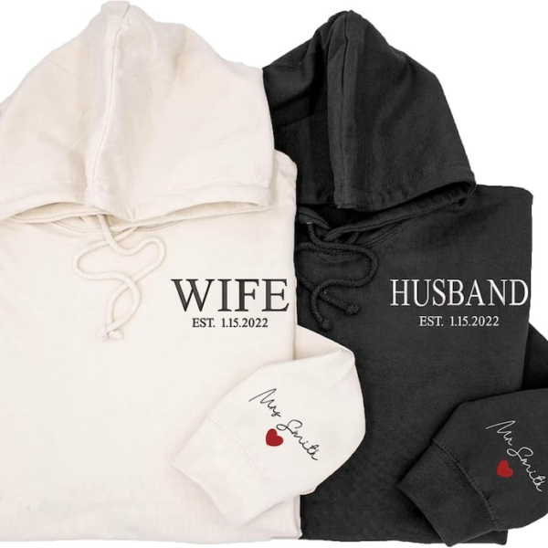 Custom Wife and Husband Embroidered Sweatshirt With Est Date. Custom Husband Est 2024 Hoodie. Custom Embroidered on Sleeve Wife Husband Hoodie. Sweatshirt