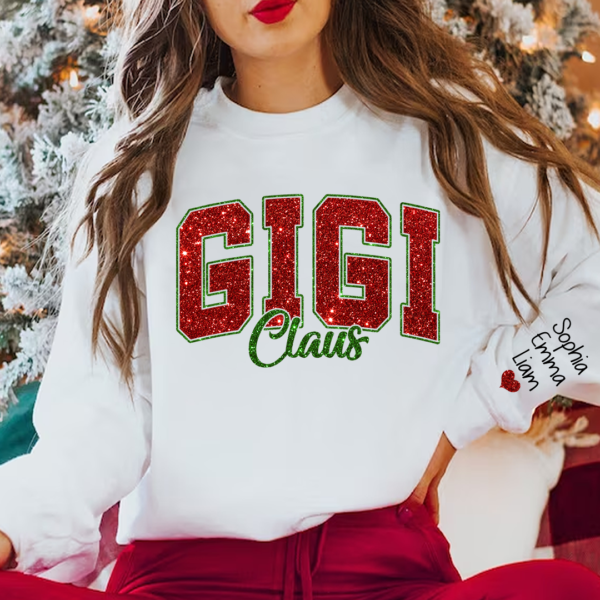 Glitter Gigi Claus Christmas Sweatshirt With Grandkids. Custom Glitter Grandma Nickname Sweatshirt Hoodie
