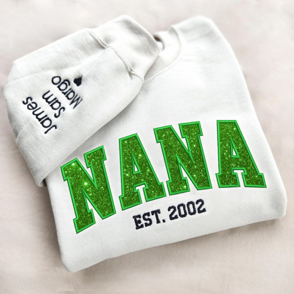 Custom Nana Green Glitter Embroidered And Kids Sweatshirt
