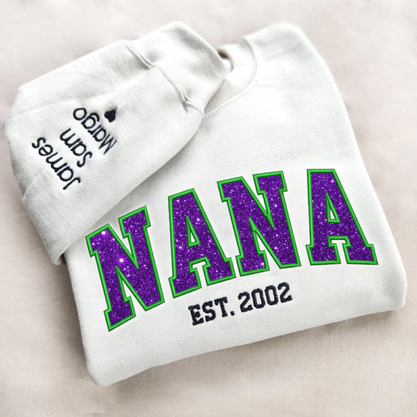 Custom Nana Green Purple Glitter Embroidered And Kids Sweatshirt