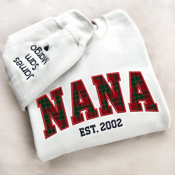 Custom Nana Red Green Caro Embroidered And Kids Sweatshirt