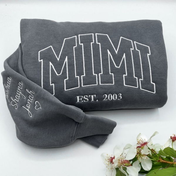 Embroidered Mimi Sweatshirt. Custom Grandma Sweatshirt With Grandkids Name On Sleeve