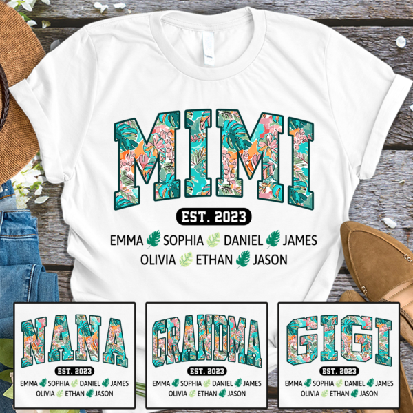 Mimi Est Floral Summer With Grandkids. Gift For Grandma T-Shirt