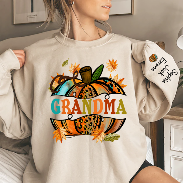 Personalized Grandma Autumn Pumpkin And Grandkids Fall Sweatshirt