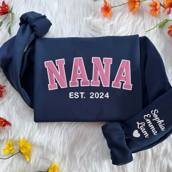 Custom Nana Est Pink With Kids Embroidered Sweatshirt